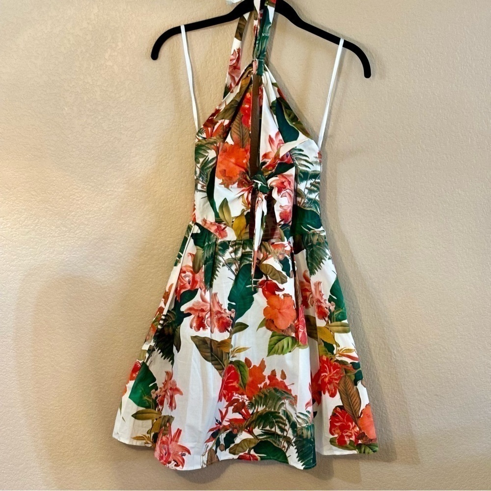 NWT Gianni Bini Dress Size 0 Charlotte Halter Ivory Tropical 100% Cotton Floral - Picture 3 of 14